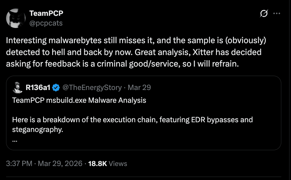 TeamPCP publicly engaging the security research community on X, openly discussing malware capabilities while selectively withholding their most advanced tooling
