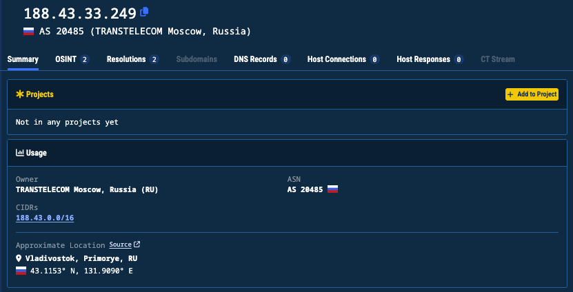 IP address lookup showing TRANSTELECOM ownership